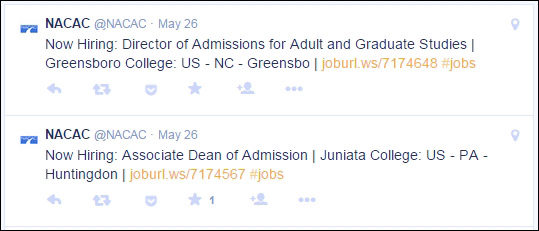 The National Association for College Admission Counseling takes job listings from its career center and uses them as tweets. The employer gets additional exposure, and NACAC has ready-made content that is of interest to its Twitter followers.