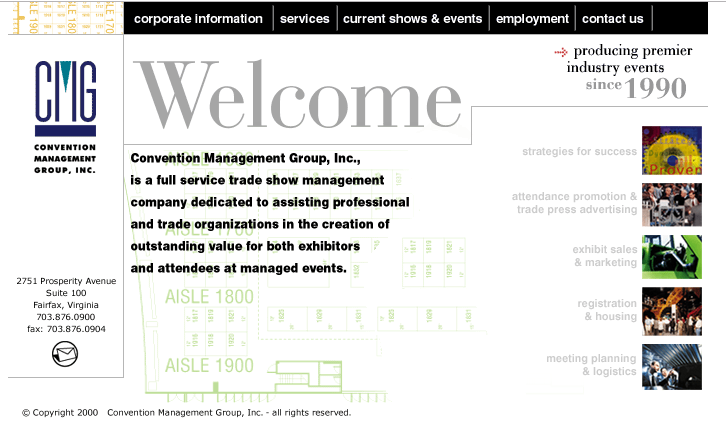 A snapshot of the front page of www.cmgexpo.com, Convention Management Group's website, in 2004.