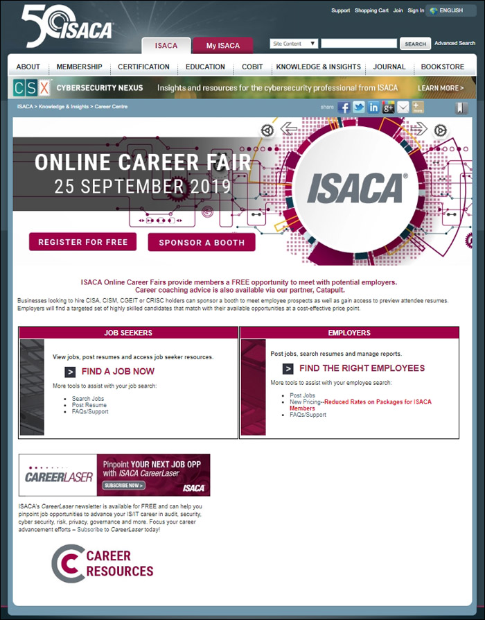 ISACA Career Center Splash Page