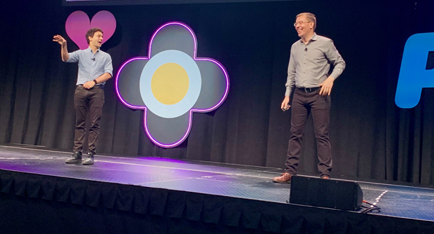 Henry Timms of the Lincoln Center for the Performing Arts and Jeremy Heimans of Purpose speak on stage at ASAE 2019.