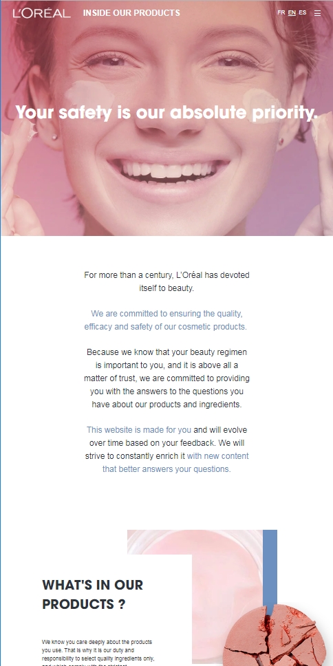 Screenshot of the L'Oreal Website describing their product safety commitment